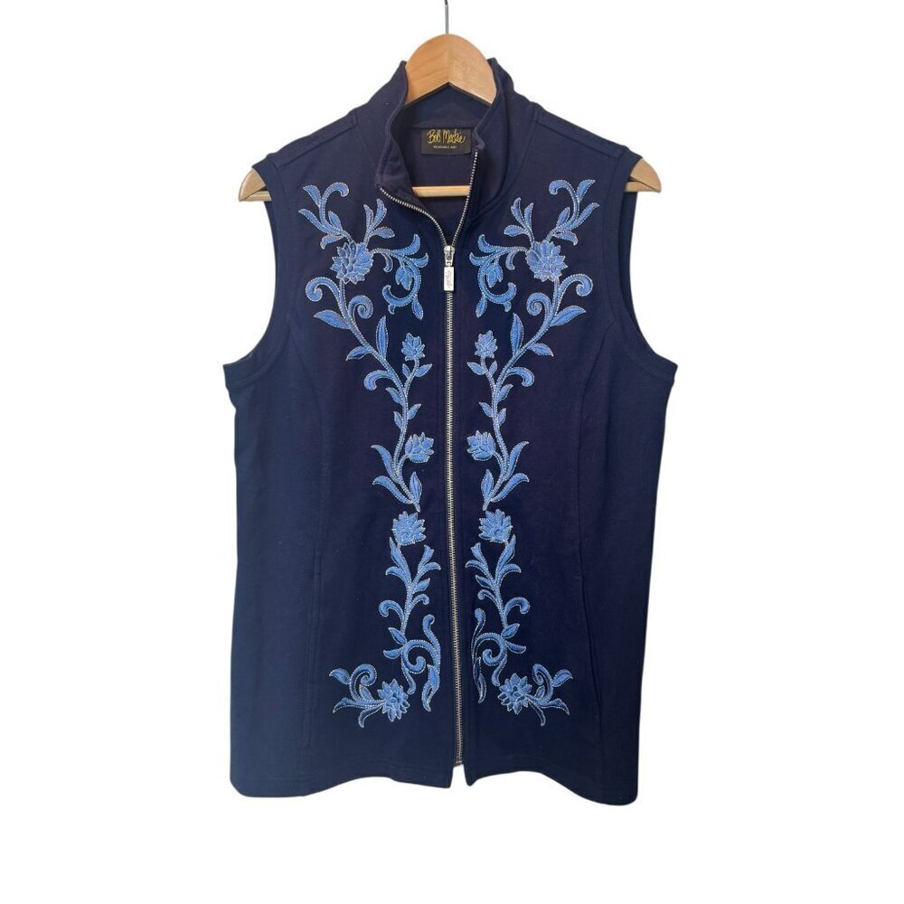 Bob Mackie Navy Blue Zip-Up Vest with Blue Floral Embroidery Size Medium